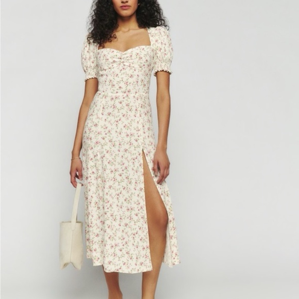 Reformation Lacey Midi Dress Size 10 Cream with Pink Roses Floral Print